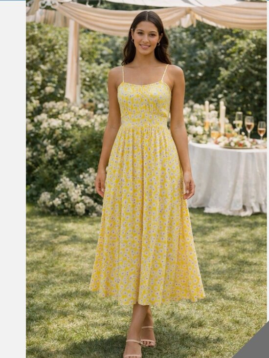Billabong Dresses & Skirts - Billabong Yellow Daisy Floral Midi Dress M Spaghetti Strap Smocked Back Summer